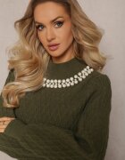 studio eleven Pulover Maletă Verde închis cu romburi cu mâneci bufante și colier cu perle Ravalia