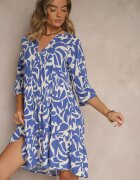 Sublevel Rochie Albastră din Vâscoză cu Croială Evazată cu Imprimeu Abstract Lirese
