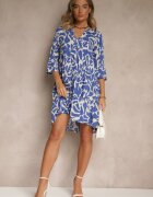 Sublevel Rochie Albastră din Vâscoză cu Croială Evazată cu Imprimeu Abstract Lirese