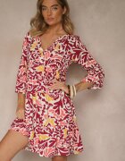 Sublevel Rochie Galben-Bordo din Viscoză cu Croială Cloș cu Imprimeu Abstract Lirese