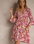 Sublevel Rochie Galben-Bordo din Viscoză cu Croială Cloș cu Imprimeu Abstract Lirese
