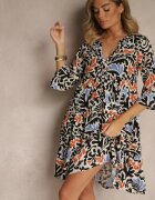 Sublevel Rochie Negru-Bej din Viscoză cu Croială Cloș cu Imprimeu Abstract Lirese