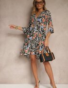Sublevel Rochie Negru-Bej din Viscoză cu Croială Cloș cu Imprimeu Abstract Lirese