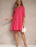 Sublevel Rochie Roz închis de Vâscoză cu Croială Cloș Decorată cu Volane Lirione