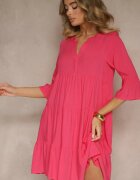 Sublevel Rochie Roz închis de Vâscoză cu Croială Cloș Decorată cu Volane Lirione