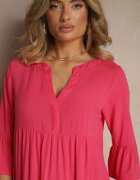 Sublevel Rochie Roz închis de Vâscoză cu Croială Cloș Decorată cu Volane Lirione