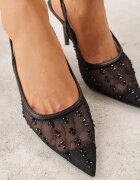 super mode Sandale Negre Slingback cu Toc Subțire din Plasă Decorate cu Zirconii Lilinyra
