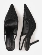 super mode Sandale Negre Slingback cu Toc Subțire din Plasă Decorate cu Zirconii Lilinyra