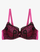  Sutien Negru-Fuchsia din Dantelă cu Motiv Floral Nelamis