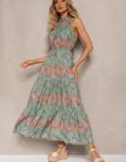sweet&girl Rochie Albastru-Verde în stil Boho Fără mâneci cu elastic în talie și cu șnur la decolteu Yisa