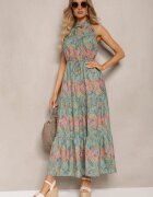 sweet&girl Rochie Albastru-Verde în stil Boho Fără mâneci cu elastic în talie și cu șnur la decolteu Yisa