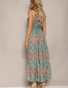 sweet&girl Rochie Albastru-Verde în stil Boho Fără mâneci cu elastic în talie și cu șnur la decolteu Yisa
