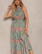 sweet&girl Rochie Albastru-Verde în stil Boho Fără mâneci cu elastic în talie și cu șnur la decolteu Yisa