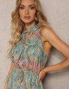 sweet&girl Rochie Albastru-Verde în stil Boho Fără mâneci cu elastic în talie și cu șnur la decolteu Yisa