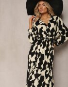 sweet&girl Rochie Bej-Negru tip cămașă Maxi cu Imprimeu Geometric Qerida