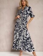 sweet&girl Rochie Bleumarin și Alb cu croială lungă tip cămașă cu imprimeu floral Seraplle