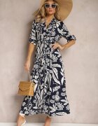 sweet&girl Rochie Bleumarin și Alb cu croială lungă tip cămașă cu imprimeu floral Seraplle