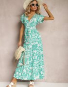 sweet&girl Rochie Maxi Mentă Evazată cu Decolteu Petrecut cu Imprimeu Floral Leivori