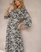 sweet&girl Rochie Maxi Negru-Alb cu Volan Nasturi și Imprimeu cu Frunze și Buline