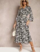 sweet&girl Rochie Maxi Negru-Alb cu Volan Nasturi și Imprimeu cu Frunze și Buline