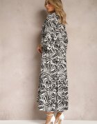 sweet&girl Rochie Maxi Negru-Alb cu Volan Nasturi și Imprimeu cu Frunze și Buline