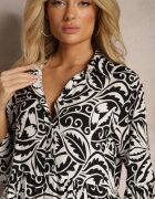 sweet&girl Rochie Maxi Negru-Alb cu Volan Nasturi și Imprimeu cu Frunze și Buline