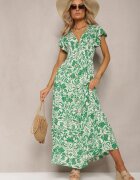 sweet&girl Rochie Maxi Verde Evazată cu Decolteu Petrecut cu Imprimeu Floral Leivori