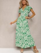 sweet&girl Rochie Maxi Verde Evazată cu Decolteu Petrecut cu Imprimeu Floral Leivori