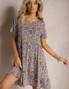 sweet&girl Rochie Mov-Galbenă Scurtă Stil Boho din Viscoză Elastică cu Mâneci Scurte Ailoni