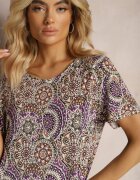 sweet&girl Rochie Mov-Galbenă Scurtă Stil Boho din Viscoză Elastică cu Mâneci Scurte Ailoni