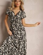sweet&girl Rochie Negru-Alb cu Elastic în Talie cu Model Floral cu Nasturi Decorativi Ellsa