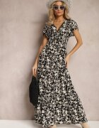 sweet&girl Rochie Negru-Alb cu Elastic în Talie cu Model Floral cu Nasturi Decorativi Ellsa