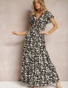 sweet&girl Rochie Negru-Alb cu Elastic în Talie cu Model Floral cu Nasturi Decorativi Ellsa