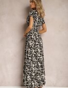 sweet&girl Rochie Negru-Alb cu Elastic în Talie cu Model Floral cu Nasturi Decorativi Ellsa
