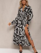 sweet&girl Rochie Negru-Alb Lungă tip Cămașă cu Model Floral Seraplle