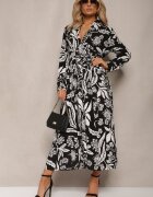 sweet&girl Rochie Negru-Alb Lungă tip Cămașă cu Model Floral Seraplle