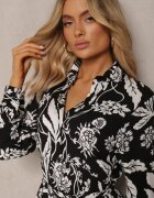 sweet&girl Rochie Negru-Alb Lungă tip Cămașă cu Model Floral Seraplle