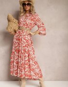 sweet&girl Rochie Portocaliu-Albă Maxi cu Volan cu Nasturi și Model Oriental Buline