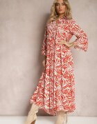 sweet&girl Rochie Portocaliu-Albă Maxi cu Volan cu Nasturi și Model Oriental Buline