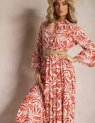 sweet&girl Rochie Portocaliu-Albă Maxi cu Volan cu Nasturi și Model Oriental Buline
