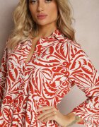 sweet&girl Rochie Portocaliu-Albă Maxi cu Volan cu Nasturi și Model Oriental Buline