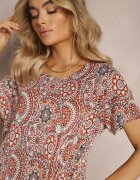 sweet&girl Rochie scurtă portocalie în stil Boho din viscoză elastică cu mâneci scurte Ailoni