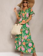 sweet&girl Rochie Verde cu Decolteu petrecut și Volănaș Decorată cu Motiv Floral Nisavela