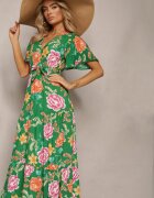 sweet&girl Rochie Verde cu Decolteu petrecut și Volănaș Decorată cu Motiv Floral Nisavela