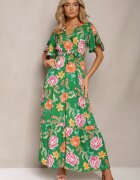 sweet&girl Rochie Verde cu Decolteu petrecut și Volănaș Decorată cu Motiv Floral Nisavela