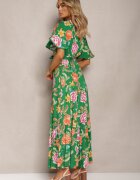 sweet&girl Rochie Verde cu Decolteu petrecut și Volănaș Decorată cu Motiv Floral Nisavela