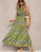 sweet&girl Rochie Verde în Stil Boho fără Mâneci cu Elastic în Talie și Șnur la Decolteu Yisa