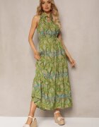 sweet&girl Rochie Verde în Stil Boho fără Mâneci cu Elastic în Talie și Șnur la Decolteu Yisa