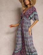 sweet&girl Rochie Violet-Albastru în Stil Etnic cu Elastic în Talie Legată la Spate Lixara