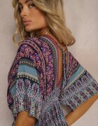 sweet&girl Rochie Violet-Albastru în Stil Etnic cu Elastic în Talie Legată la Spate Lixara